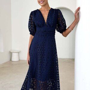 Eyelet Lace V-Neck Midi Dress with Puff Sleeves | New Formal Dress w/ Zip Back